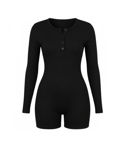 Enterizo Corto Deportivo Mujer Manga Larga con Botones en el Escote Negro