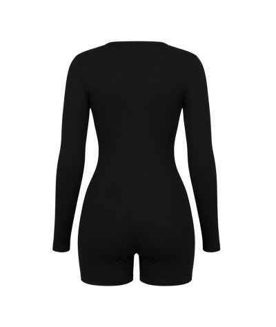 Enterizo Corto Deportivo Mujer Manga Larga con Botones en el Escote Negro